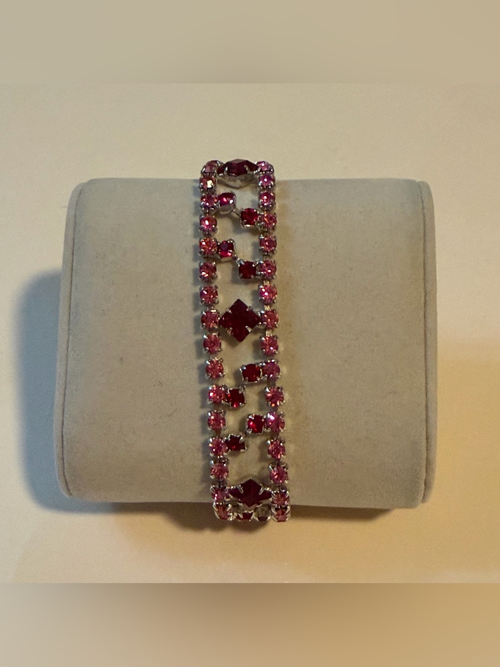 Vintage 1950s Pink Ruby Rhinestone Multi Row Bracelet Prong Set 7”